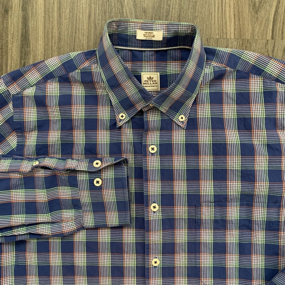 Peter Millar Mens Long Sleeve Contemporary Fit Button Down Purple Plaid Medium - Picture 1 of 7